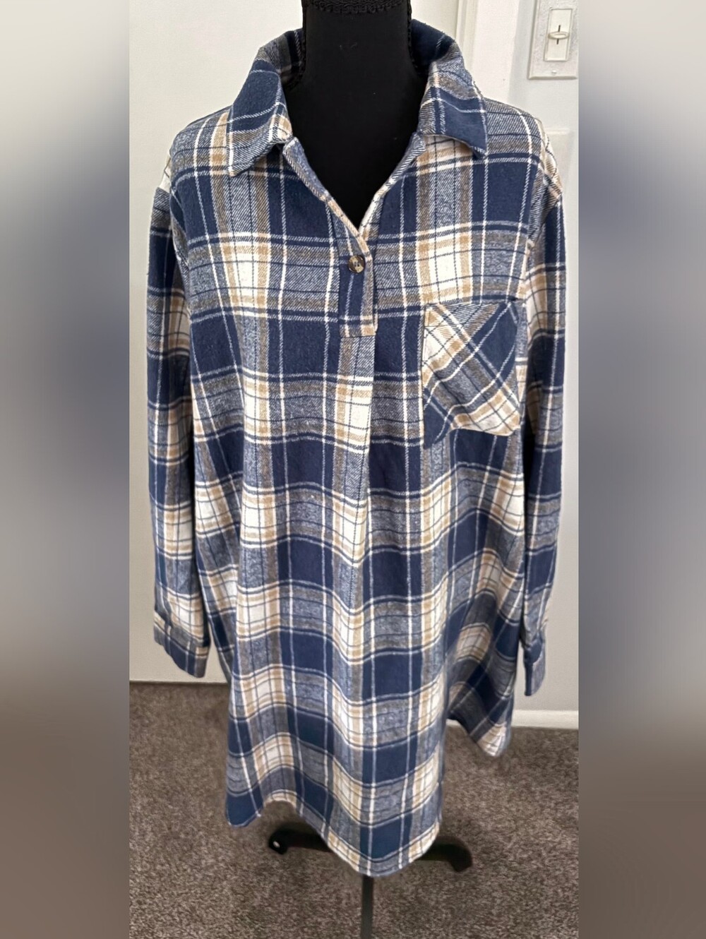 Old Navy Navy Blue Plaid Long Sleeve Shirt Dress